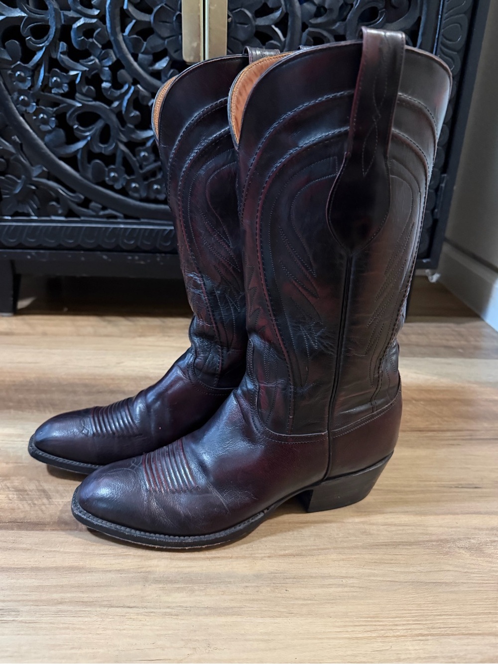 Vintage Lucchese Gavin Black Cherry Goatskin Western Cowboy Boots 9D handmade - Picture 3 of 16